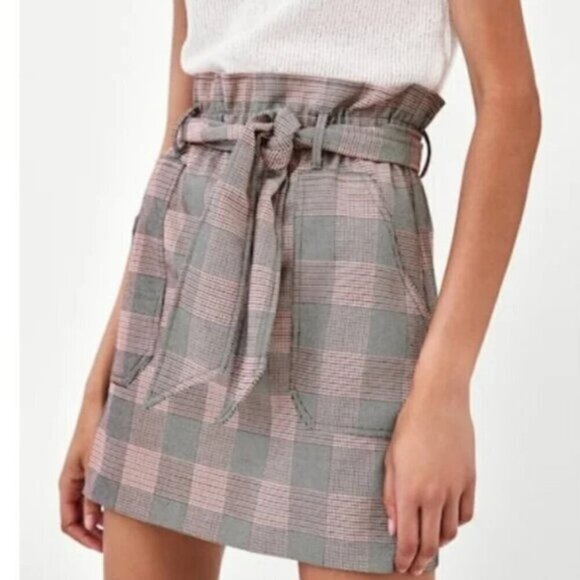ZARA Trafaluc Plaid Paperbag Belted Mini Skirt Womens Size Small - Picture 1 of 6